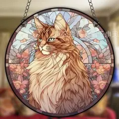 サンキャッチャー 壁掛け飾り ステンドグラス インテリア 猫 茶
