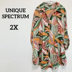 UNIQUE SPECTRUM ボタニカルプリントシャツ 2X 七分袖 カラフル