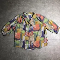 【ヴィンテージ】アート柄　総柄シャツ　シフォン　グリーン系　古着　ZBS1