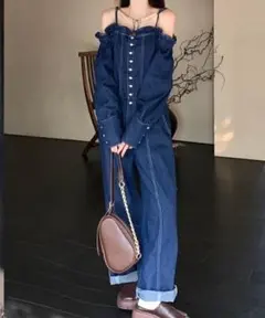 Gs オフショル デニム オールインワン L