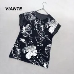 【ヴィアンテ】フレンチスリーブ花柄カットソー 黒 クルーネック 大人コーデ 春夏