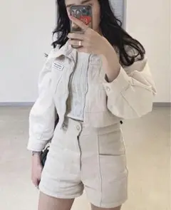 アイボリーデニムジャケットu0026ショートパンツ セットアップ