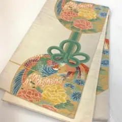 〔6234〕着物 袋帯 六通 孔雀 牡丹 生成 420㎝
