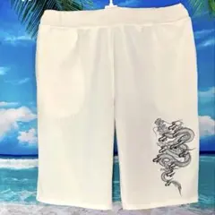 [未使用]ドラゴン刺繍 ホワイトショートパンツ 2XLハーフパンツ 大きいサイズ