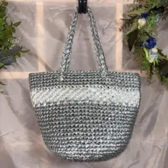 スズランテープ　ハンドメイド　グレーとホワイトのかごバッグ