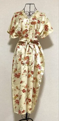 着物リメイク花柄肌色ワンピースチュニック