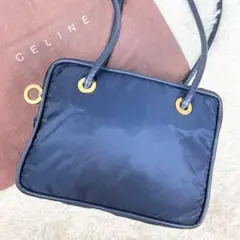 希少♥セリーヌ トートバッグ サークルロゴ ゴールド金具 ナイロン レザー