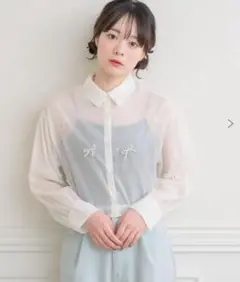 レトロガール　シアーシャツ　パールリボン　ホワイト