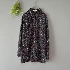 ★ハナエモリ［M］ホワイトハートプリント　薄手さらり　着痩せスリット　長袖シャツ