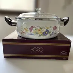 Horo 花柄 ホーロー鍋 24cmガラス蓋付き　昭和レトロ　両手　パイレックス