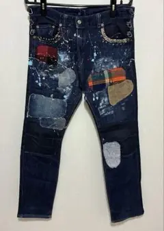 【美品】GANRYU ブラックデニムパンツ アシンメトリー クレイジースキニーL Dream garden ジーンズ デニム デニムパンツ アシンメトリー