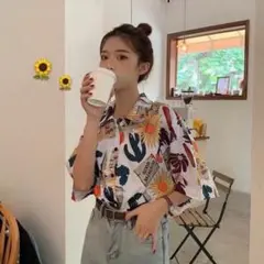 シャツ 柄シャツ ホワイト ひまわり 半袖 ユニセックス 韓国 2XL