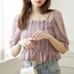 【試着のみ】　GRL 　2Wayシャーリングレース刺繍ブラウス　pm084 　S