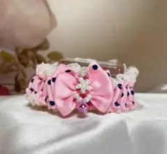 犬　猫首輪　ピンクドットリボン　パールパーツ　鈴　レース　女の子　シュシュ