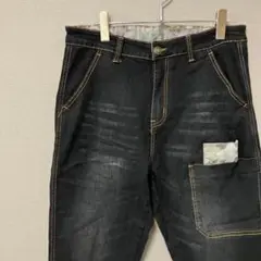 メンズテーパードデニムパンツ(34インチ)ブラックストレッチ　大きめポケット