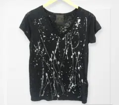 ダメージペイントプリント半袖総柄 VネックTシャツ ブラック40 プルオーバー