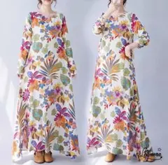 XL 新品　未使用　春秋　薄手　長袖　丸襟　マキシ丈　ゆったり　花柄　ボタニカル