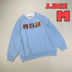 【J.BEE】トレーナー　スウェット　襟元重ね着風　猫さ刺繍　ブルー　レディース