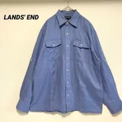 ランズエンド　リネンシャツ　長袖　ロールアップスリーブブルー　M