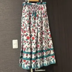美品Amina 花柄フレア ロングスカートリボンベルト付き総柄アミナ チャイハネ