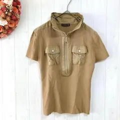 ヌーベルエシック　半袖Tシャツ　カーキ　L　ストレッチ　ハーフジップ　ハイネック