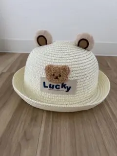 クマ耳付きクリーム色麦わら帽子