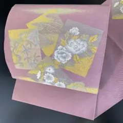 【春】10827m 八寸名古屋帯 金糸 銀糸 流水・雲取りに牡丹・笹・菊文様