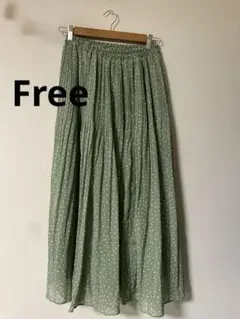 グリーン ドット柄 プリーツロングスカート