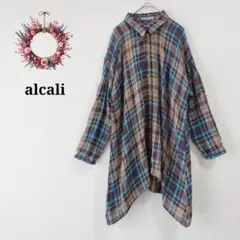 アルカリ◎アシンメトリーシャツ チェック柄 ロング 羽織り ゆったり リメイク