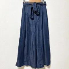 フィルター　デニム調ワイドパンツ　ガウチョ　ウエストリボン　M　ブルー