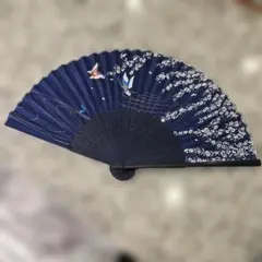 濃紺 扇子 花と鳥の模様バタフライ蝶々和装浴衣などに
