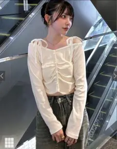 GRL リボンクロップド丈ギャザーテレコトップス[tu1413] アイボリー