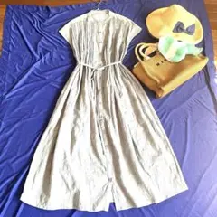 ［美品］レイミーLAYMEE ライトグレー シャツワンピース 半袖 リネン混