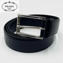 美品 PRADA ベルト レザー ロゴ 型押し シルバー金具 カーフ ブラック