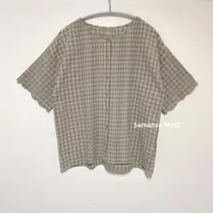 【美品】サマンサモスモス　スカラップ刺繍ピンタックチェックブラウス　ベージュ