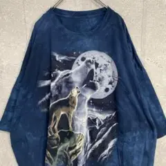 アニマル　ウルフ　オオカミ　風景プリント　ネイビービックサイズTシャツ5XL程度