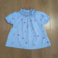 【タグ無し】　ギンガムチェック　フラワー刺繍　パフスリーブ　ブラウス