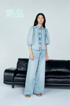 新品タグ付8600円！ZARA ザラ＊デニムバルーン袖ブラウス　ライトブルー　S