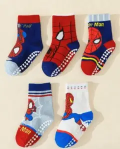 5足組 スパイダーマンデザイン 滑り止め付きキッズスポーツクルーソックス