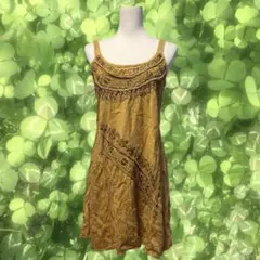 森ガール ヒッピー エスニック 刺繍入りノースリーブチュニック マスタード