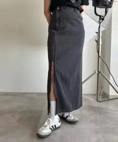 デニムロングスカート サイドジッパー ダークグレー