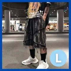 ブラックデニム タイダイ柄 フリンジ ハーフパンツ ショートパンツ ストリート