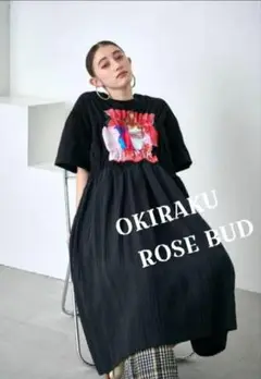OKIRAKU ROSE BUD 半袖Aラインワンピース 黒