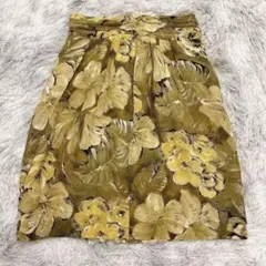 ひざ丈 フレアスカート 総柄 花柄 シルク ボタニカル 黄色 Mサイズ
