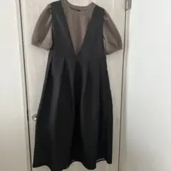 vネック ワンピース ジャガード　黒 ブラック ノースリーブ　M L