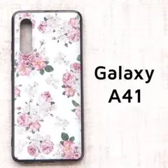 Galaxy A41 ケース カバー 白 花 ローズ