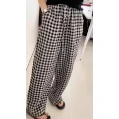 カジュアル おしゃれ度高め 薄手 ワイドパンツ チェック柄 大きいサイズ