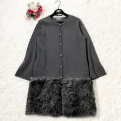 【高級】美品 アドーア ニットコート 切り替え ファー 金ボタン ダークグレー