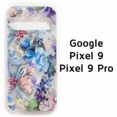 Pixel9,9Pro カバー クリア ブルー 草花
