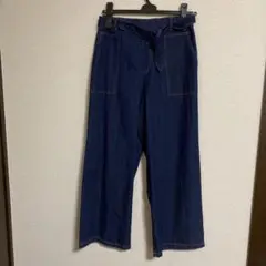 ウエストリボン付きダークブルーデニムパンツ